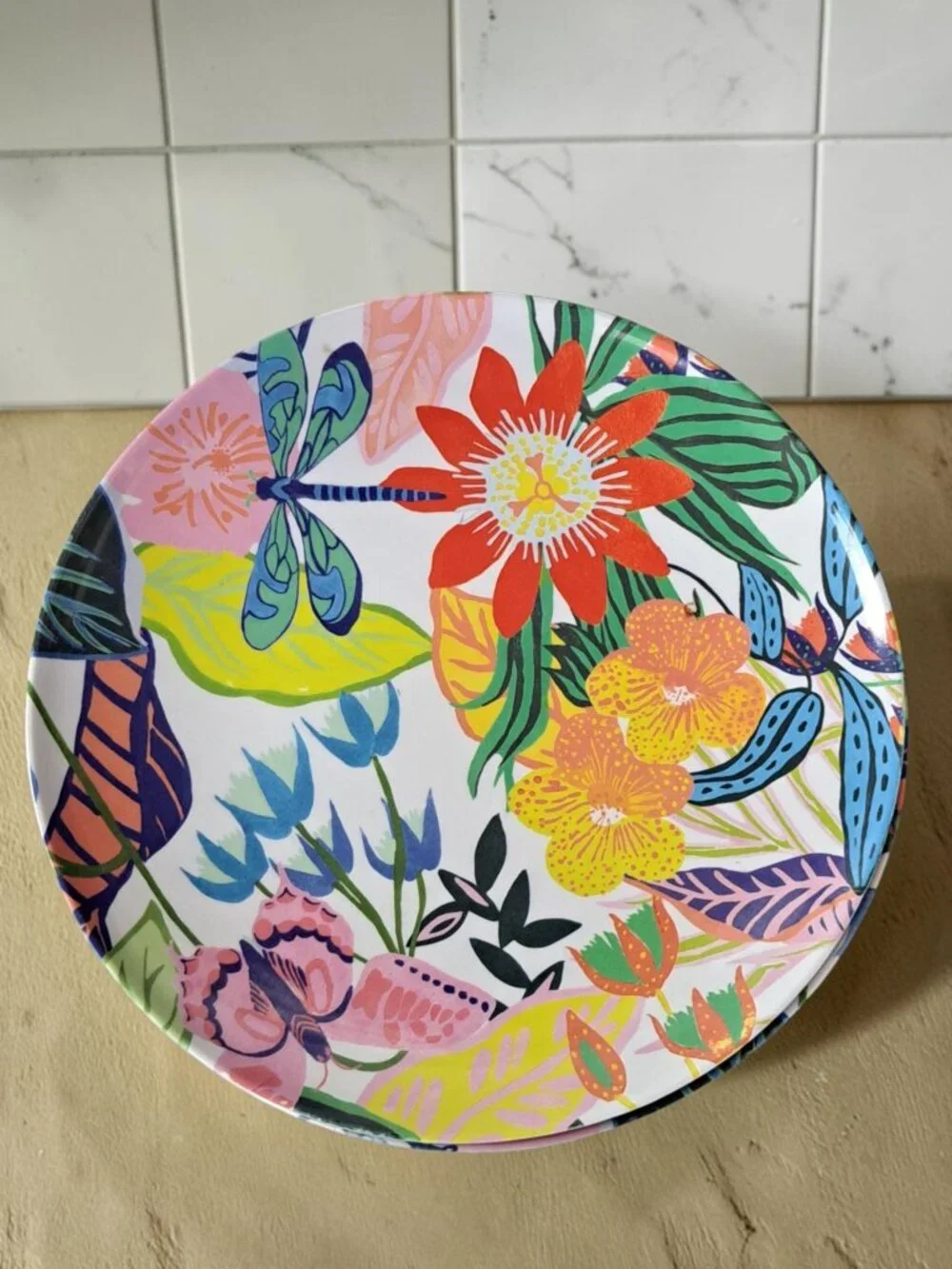 Anthropologie Lot Of 4 Melamine Plates Dragonfly Flowers 10 1/2